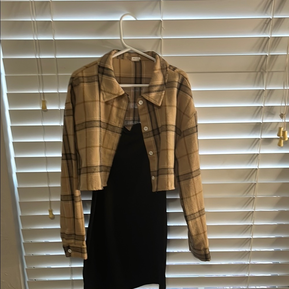 Plaid Tan Cropped Jacket with Black Dress
